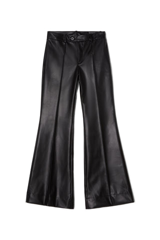 A pair of black faux leather pants with a high waist and wide leg design.