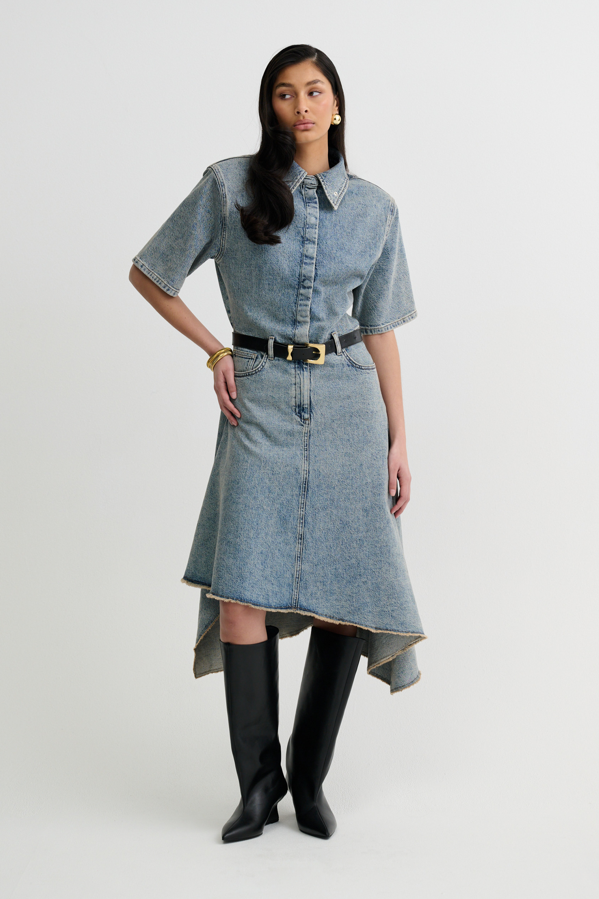 Asymmetric Denim Dress – Faded Blue